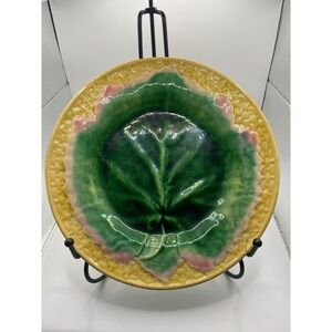 Majolica Leaf Plate Etruscan Majolica Ceramic Green Pink Yellow Dish